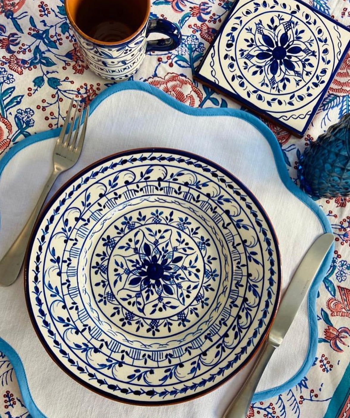 Sky Blue round Embroidered Placemat